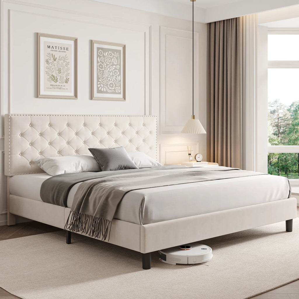 King Size Upholstered Platform Bed with Adjustable Headboard T993439
