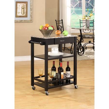 Black Marble Wood Kitchen Serving Cart with Storage Drawer & Shelves V33492