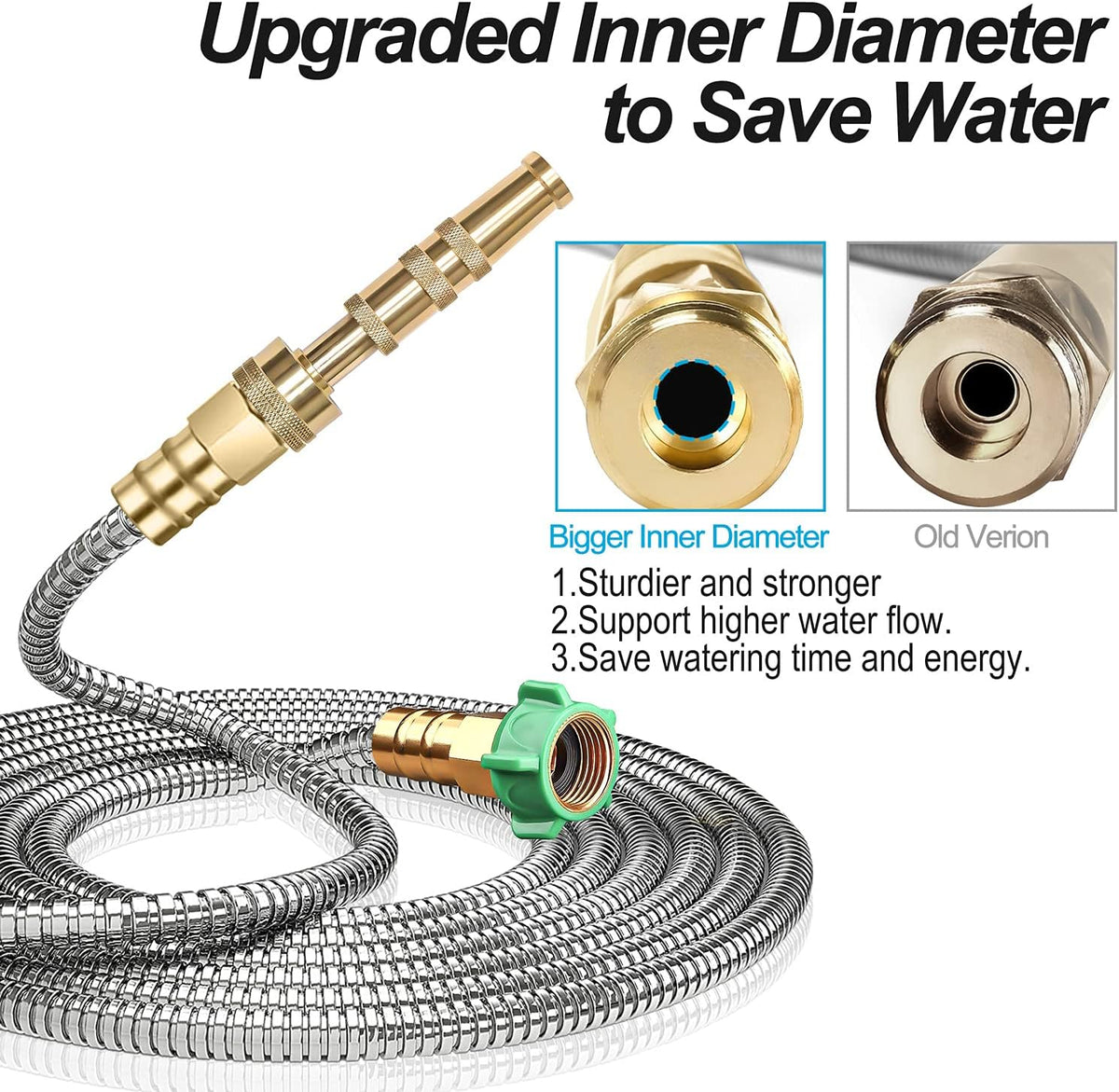 Steel Metal Garden Hose 100FT Heavy Duty Lightweight 304 Stainless Steel Water Hose with Brass Nozzle, Silver Pack of 2 K4650