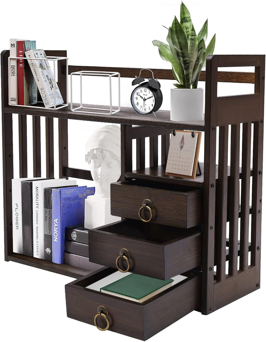 Bamboo Desk Bookshelf Organizer with Drawer, 19.7×7.5×17.7inch E856003