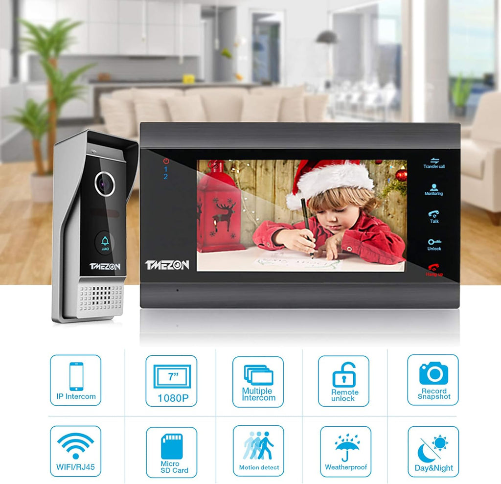 Wireless WIFI Video Door Phone IP Doorbell Intercom System with Camera 4 Wire 7 Inch Entry with 1x1080P Wired Camera Night Vision T99056