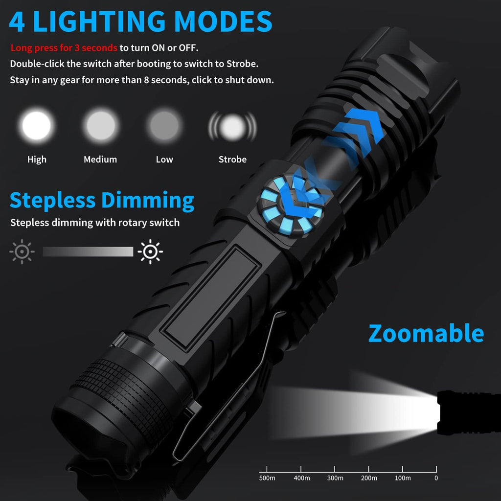 Rechargeable Tactical Flashlight, 100000 Lumens, Waterproof, Zoomable I109805