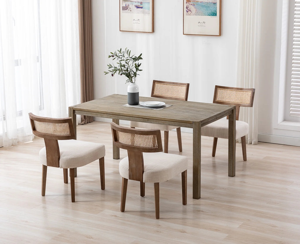 Beige Rattan Backrest Linen Upholstered Solid Wood Dining Chairs Set of 2 B1714