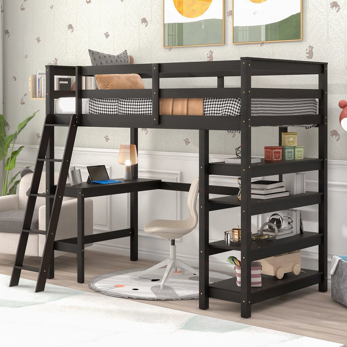 Twin Size Loft Bed with Desk and 4 Storage Shelves B1351