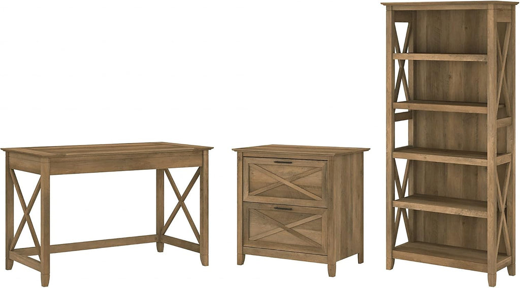 48W Cape Cod Gray Writing Desk with 2 Drawer File Cabinet and 5 Shelf Bookcase A3124