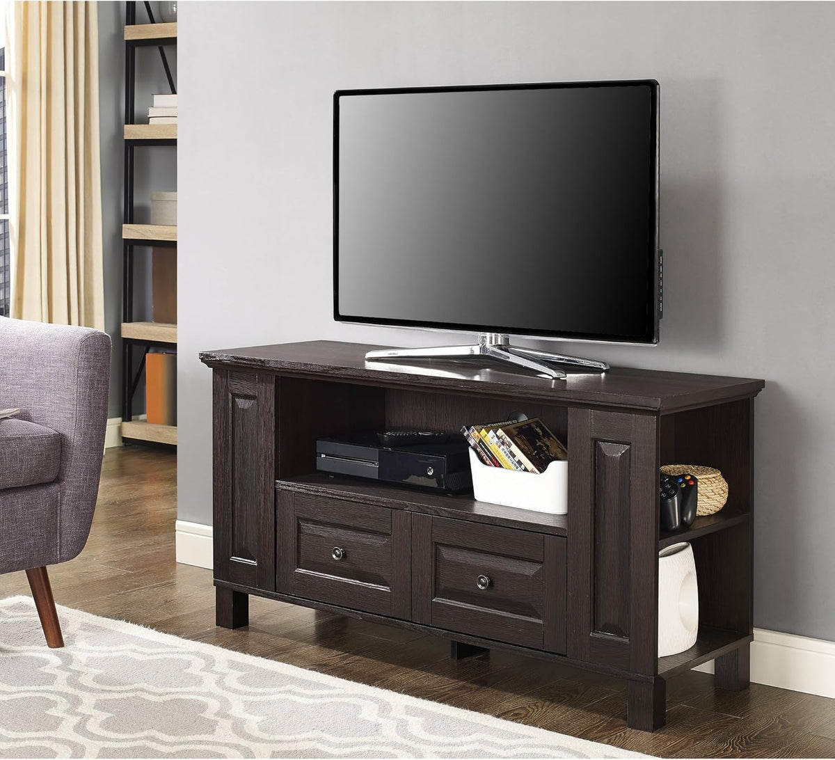 44 Inch Traditional Brown Wood TV Stand with Storage Cabinets J3456