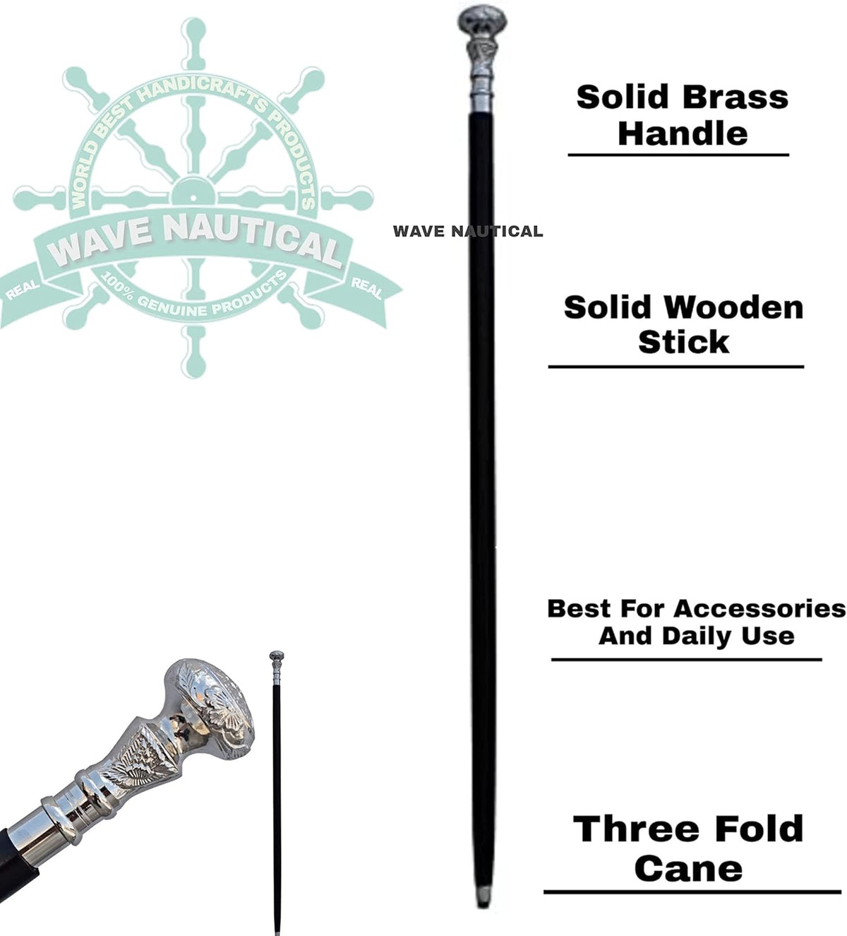 Brass Handle Wooden Walking Cane 36" Z483827