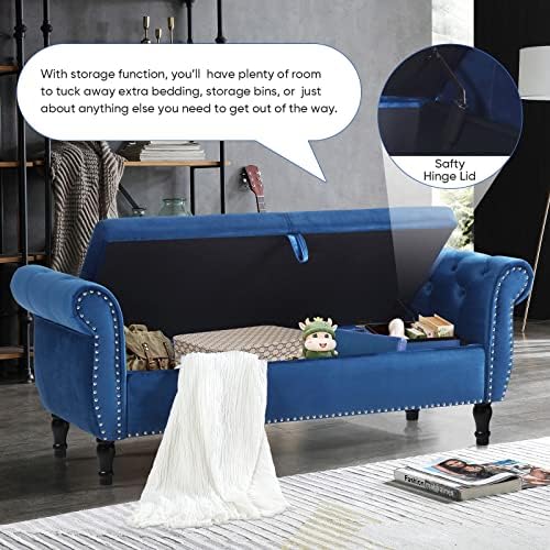 Velvet Ottoman Bench with Toss Pillow (Blue) L551