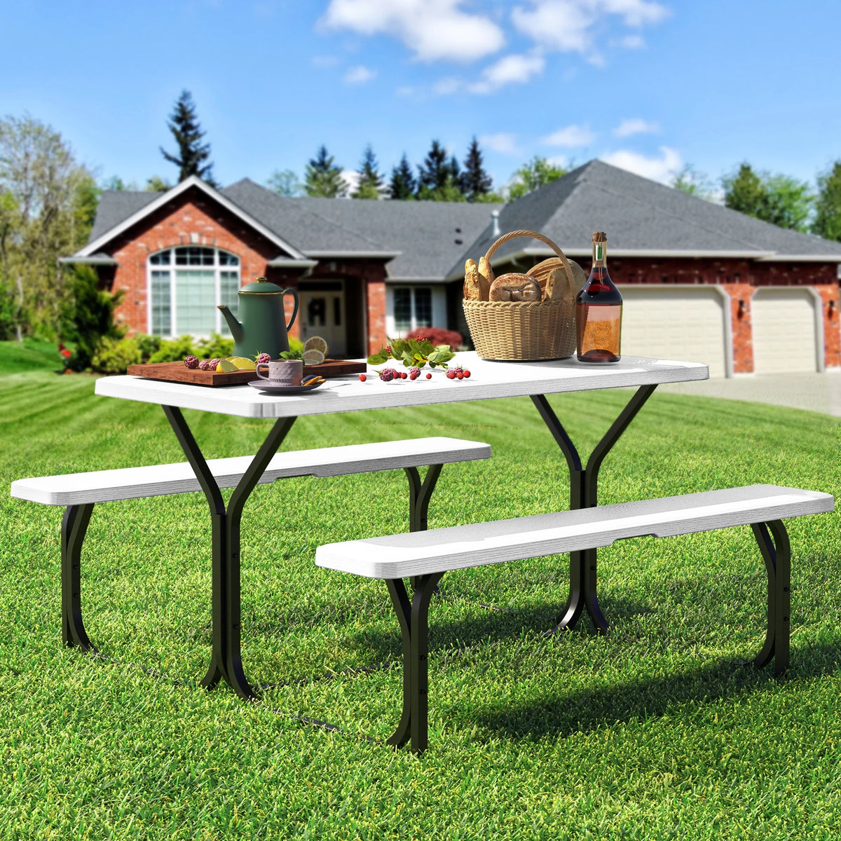 6 ft Picnic Table Bench Set with Umbrella Hole P79387
