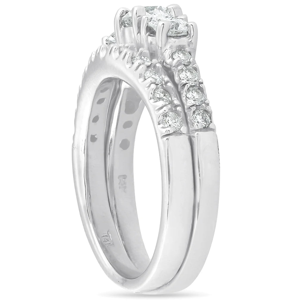 1 1/2 ct 3-Stone Diamond Engagement Ring Matching Wedding Band Set White Gold K445