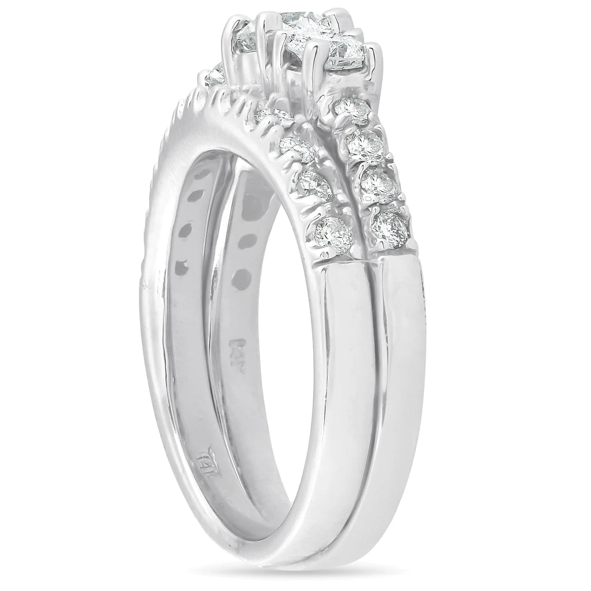 1 1/2 ct 3-Stone Diamond Engagement Ring Matching Wedding Band Set White Gold K445