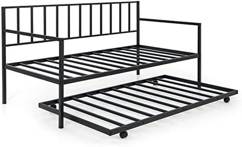 Black Metal Twin Daybed Frame with Slat Support and Guardrails V78787