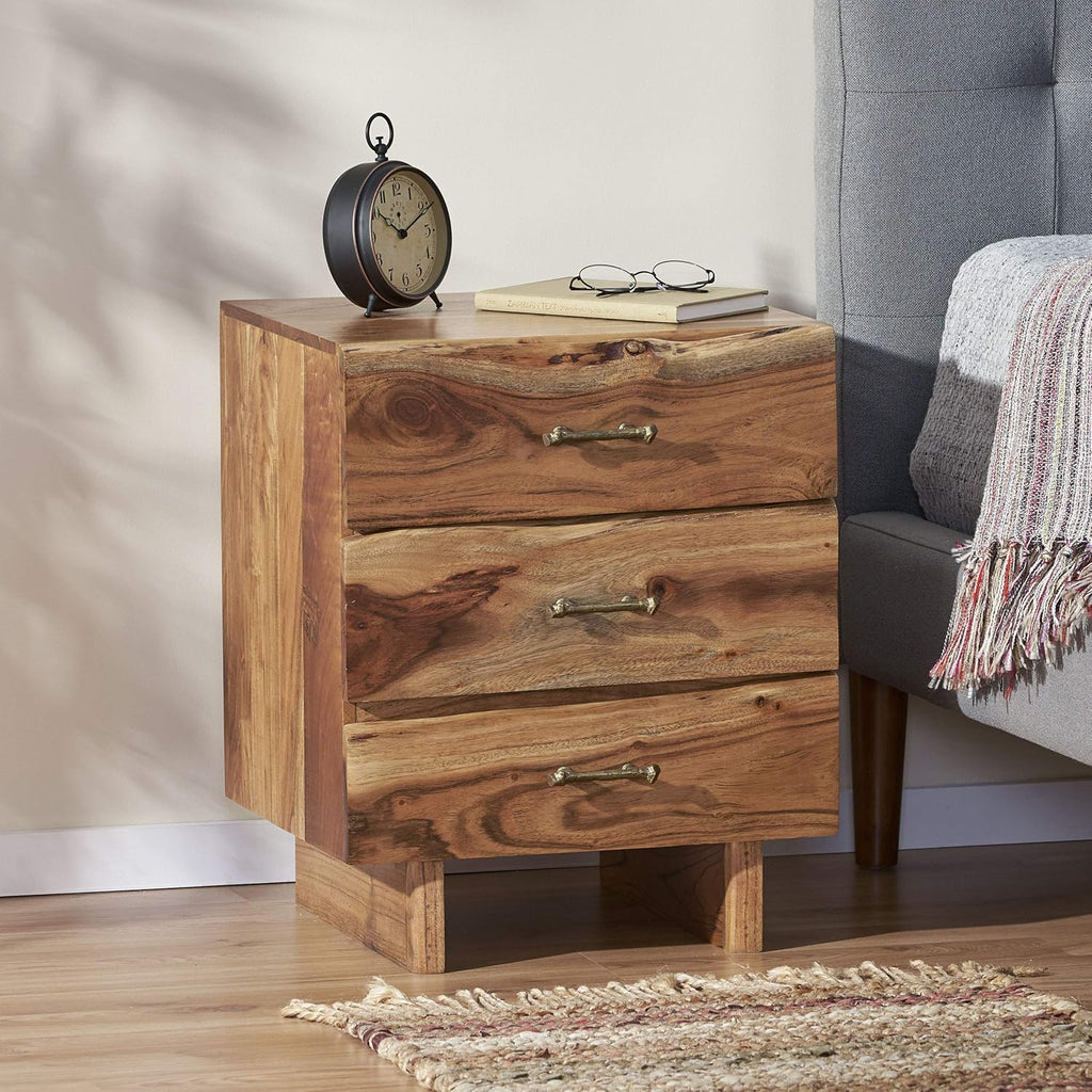 Dark Natural Acacia Wood 3 Drawer Nightstand Q3539