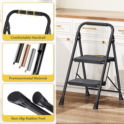 4 Step Steel Step Stool with Handrail, Black H97945