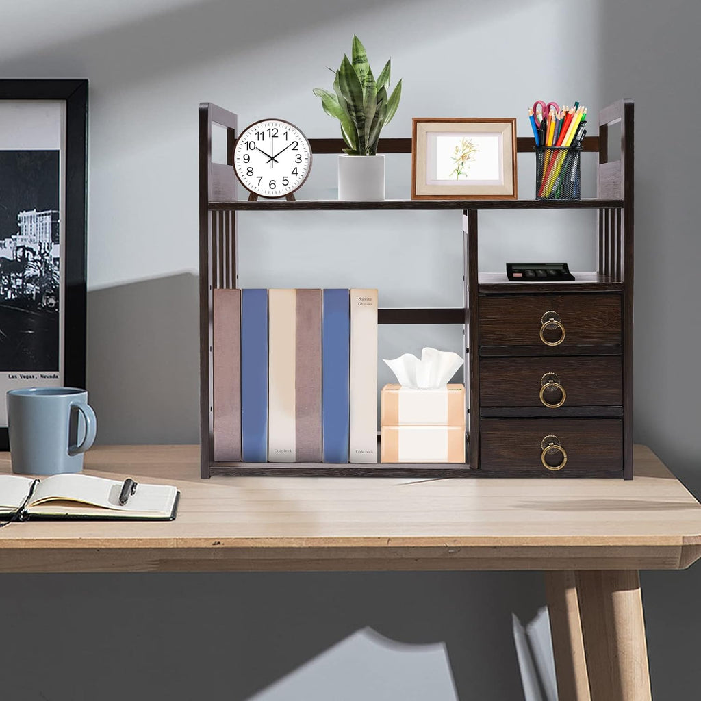 Bamboo Desk Bookshelf Organizer with Drawer, 19.7×7.5×17.7inch E856003