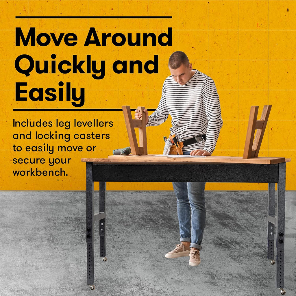 Acacia Wood Work Bench with Caster Wheels and Adjustable Height Legs U726