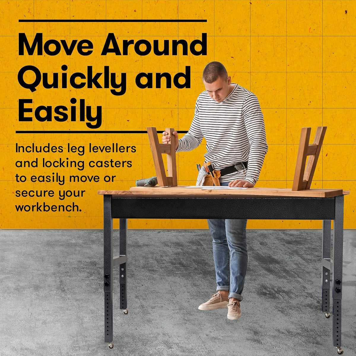 Acacia Wood Work Bench with Caster Wheels and Adjustable Height Legs U726