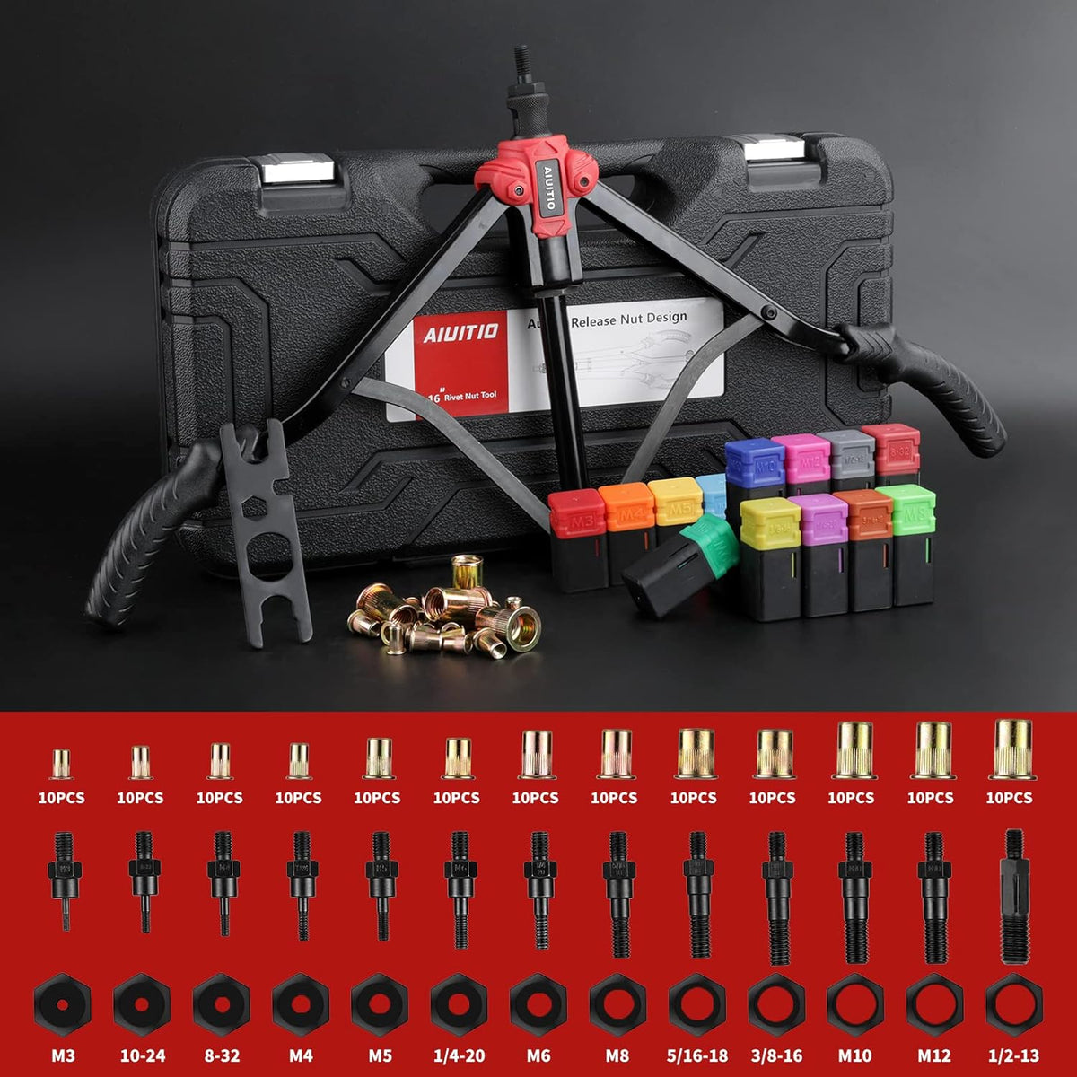 16'' Rivet Nut Tool with 13PCS Metric & Inch Mandrels, 130PCS Rivet Nuts, Plastic Case C990794