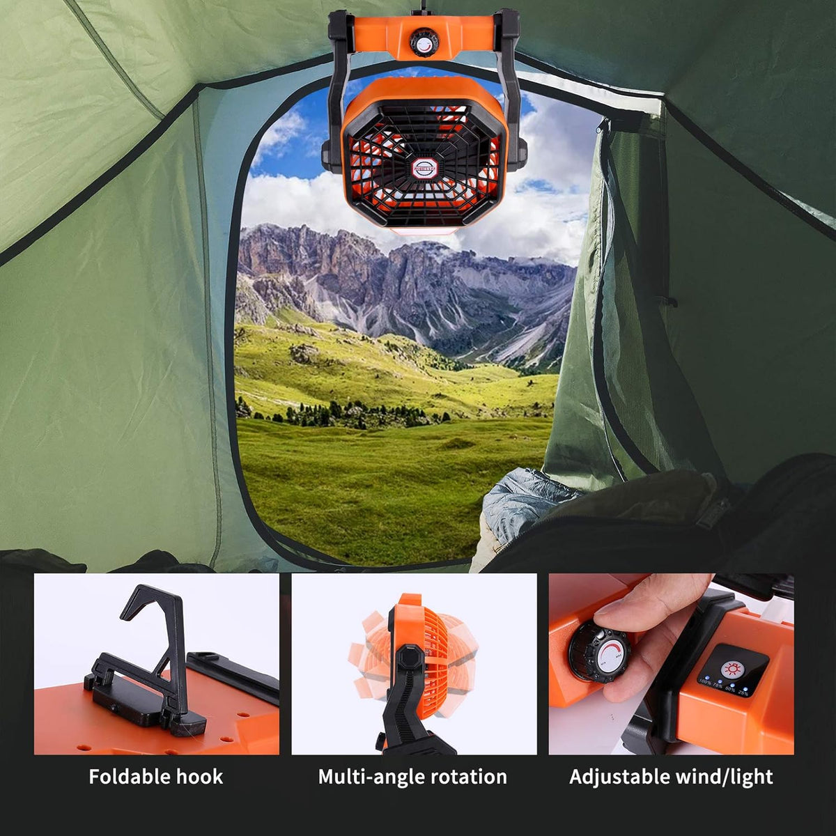Outdoor Camping Fan with LED Lantern, USB Rechargeable X661251