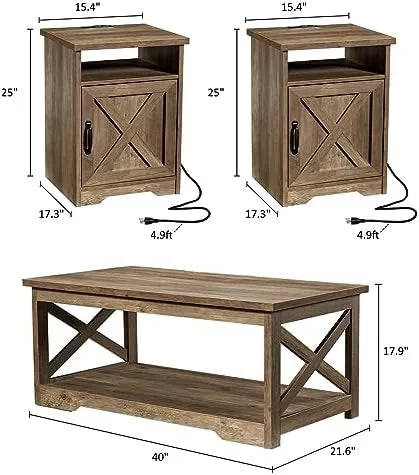 3-Piece Farmhouse Table Set with Charging Station and USB Ports P184