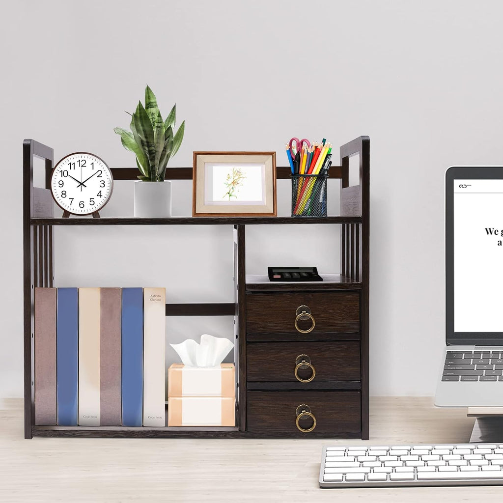 Bamboo Desk Bookshelf Organizer with Drawer, 19.7×7.5×17.7inch E856003
