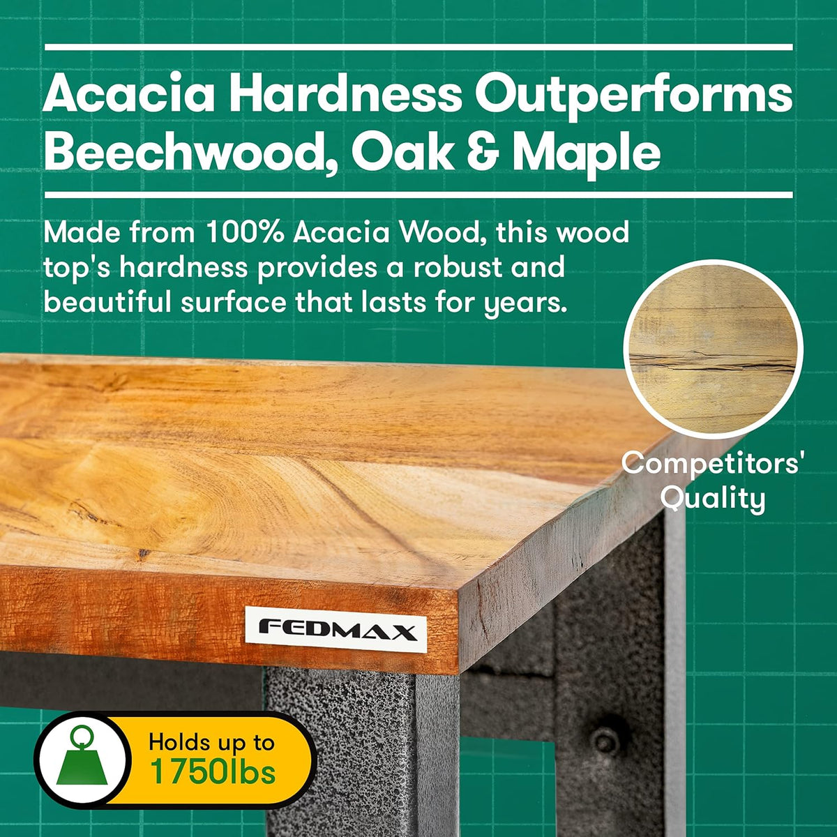 Acacia Wood Work Bench with Caster Wheels and Adjustable Height Legs U726
