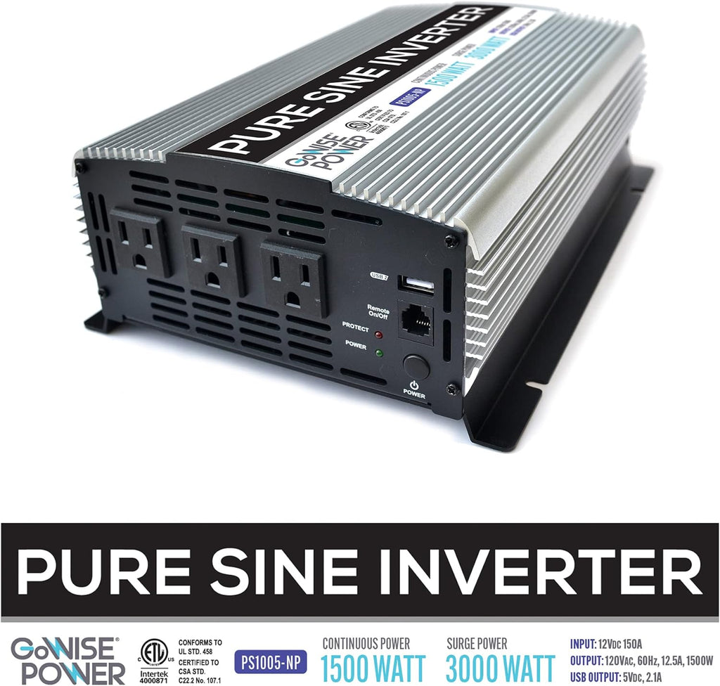 1500W Pure Sine Wave Power Inverter 12V DC to 120V AC with 3 AC Outlets Q973