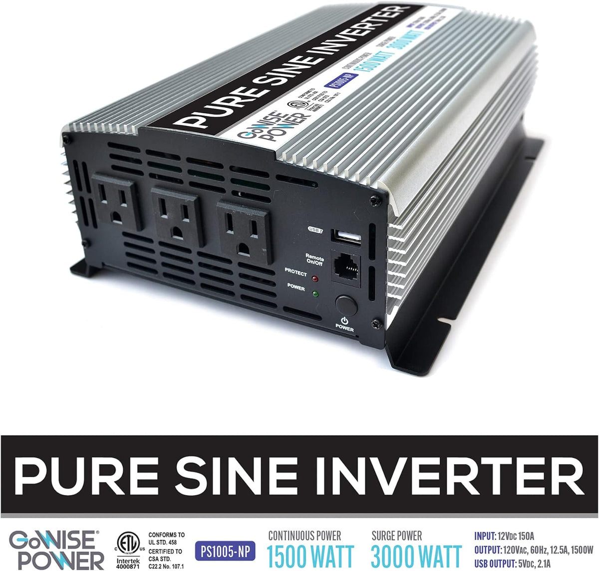 1500W Pure Sine Wave Power Inverter 12V DC to 120V AC with 3 AC Outlets Q973