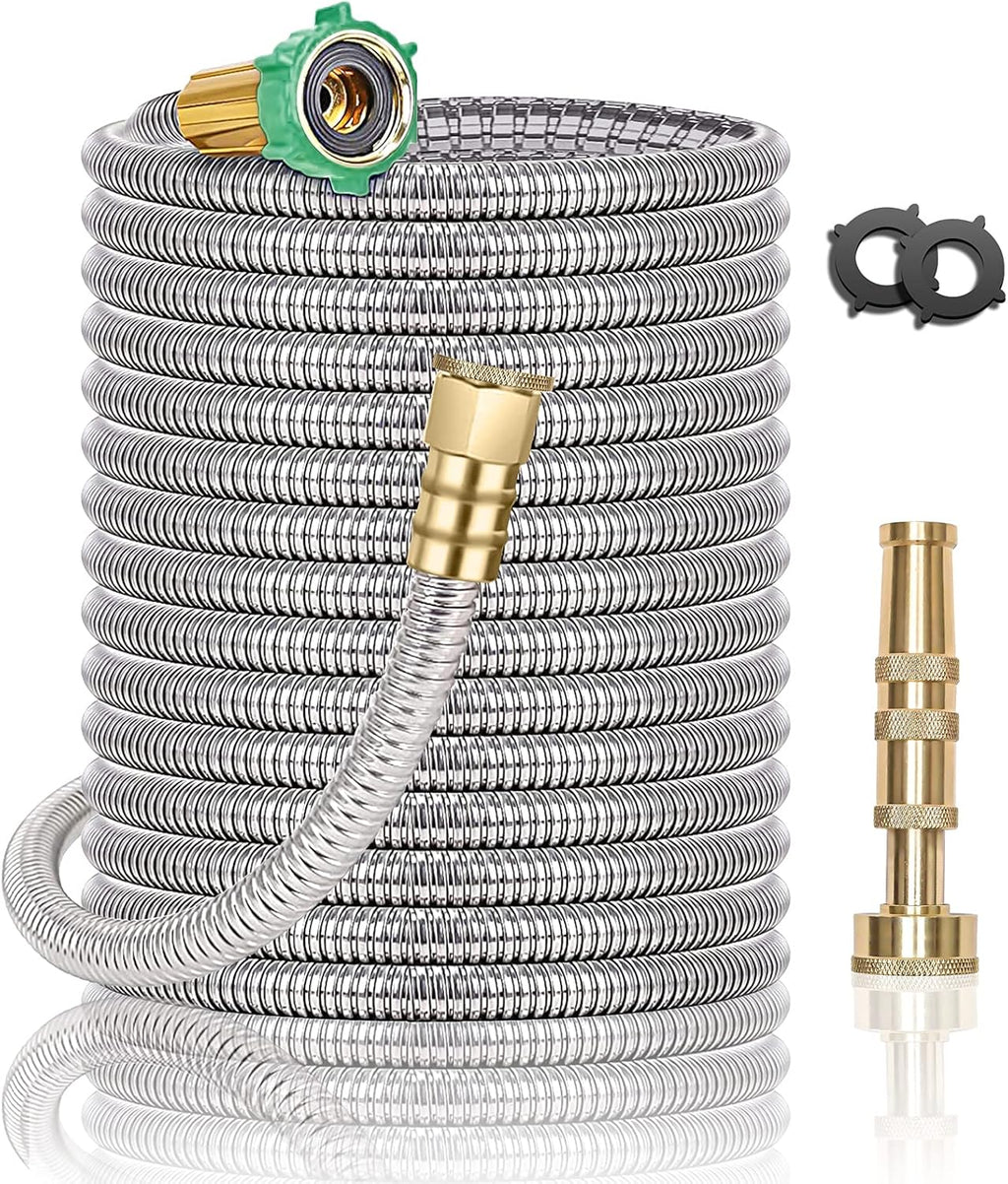 Steel Metal Garden Hose 100FT Heavy Duty Lightweight 304 Stainless Steel Water Hose with Brass Nozzle, Silver Pack of 2 K4650