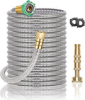 Steel Metal Garden Hose 100FT Heavy Duty Lightweight 304 Stainless Steel Water Hose with Brass Nozzle, Silver Pack of 2 K4650