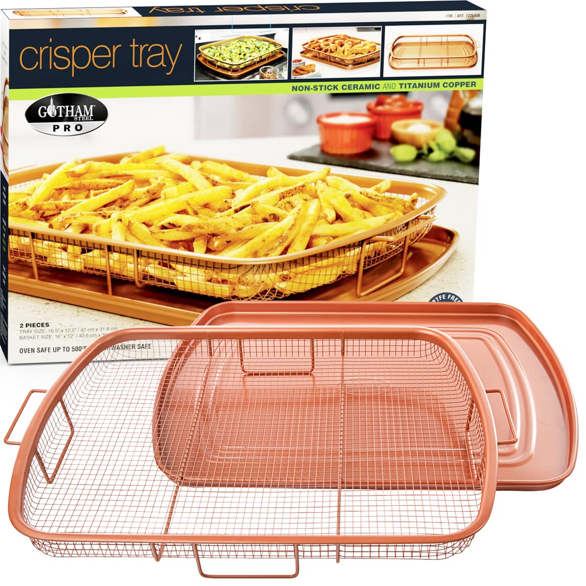 2 Piece Nonstick Air Fryer Tray + Basket, Copper Crisper Tray, 16.5” x 12” A8595