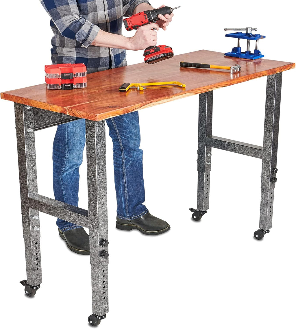 Acacia Wood Work Bench with Caster Wheels and Adjustable Height Legs U726