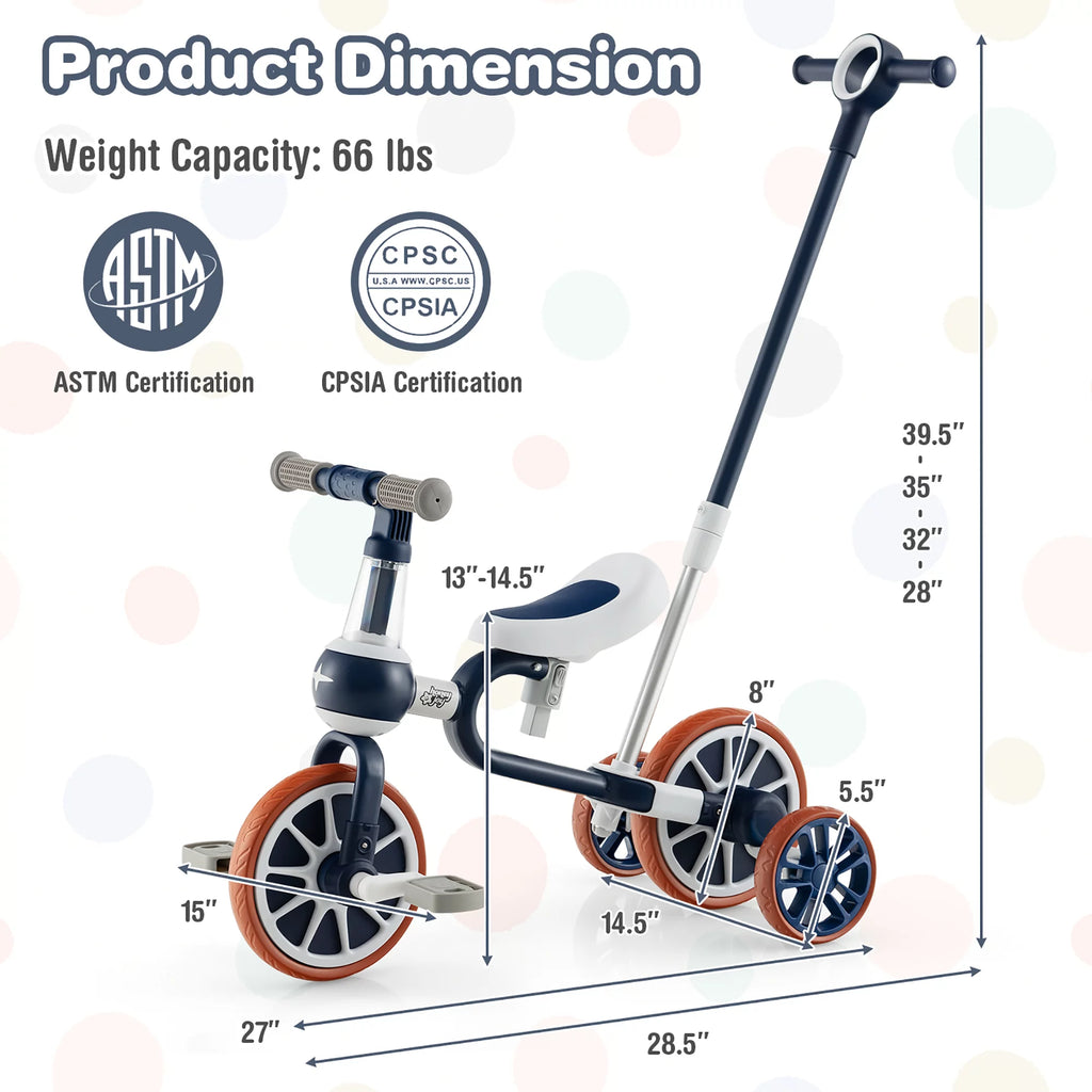 4 in 1 Kids Tricycles with Push Handle & Training Wheels Navy I728
