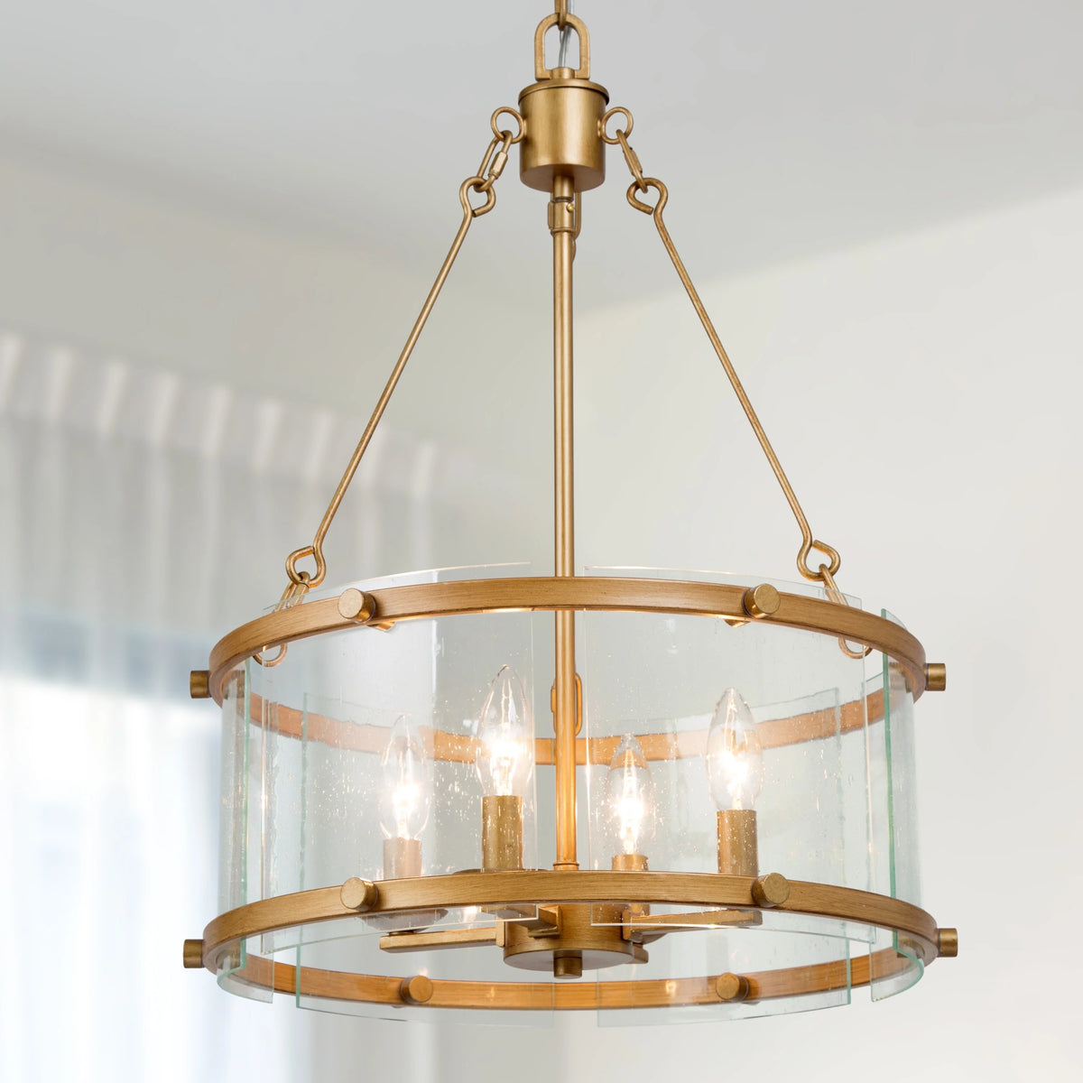 Mid-century Modern 4-light Drum Chandelier Seeded Glass Fixture B28438