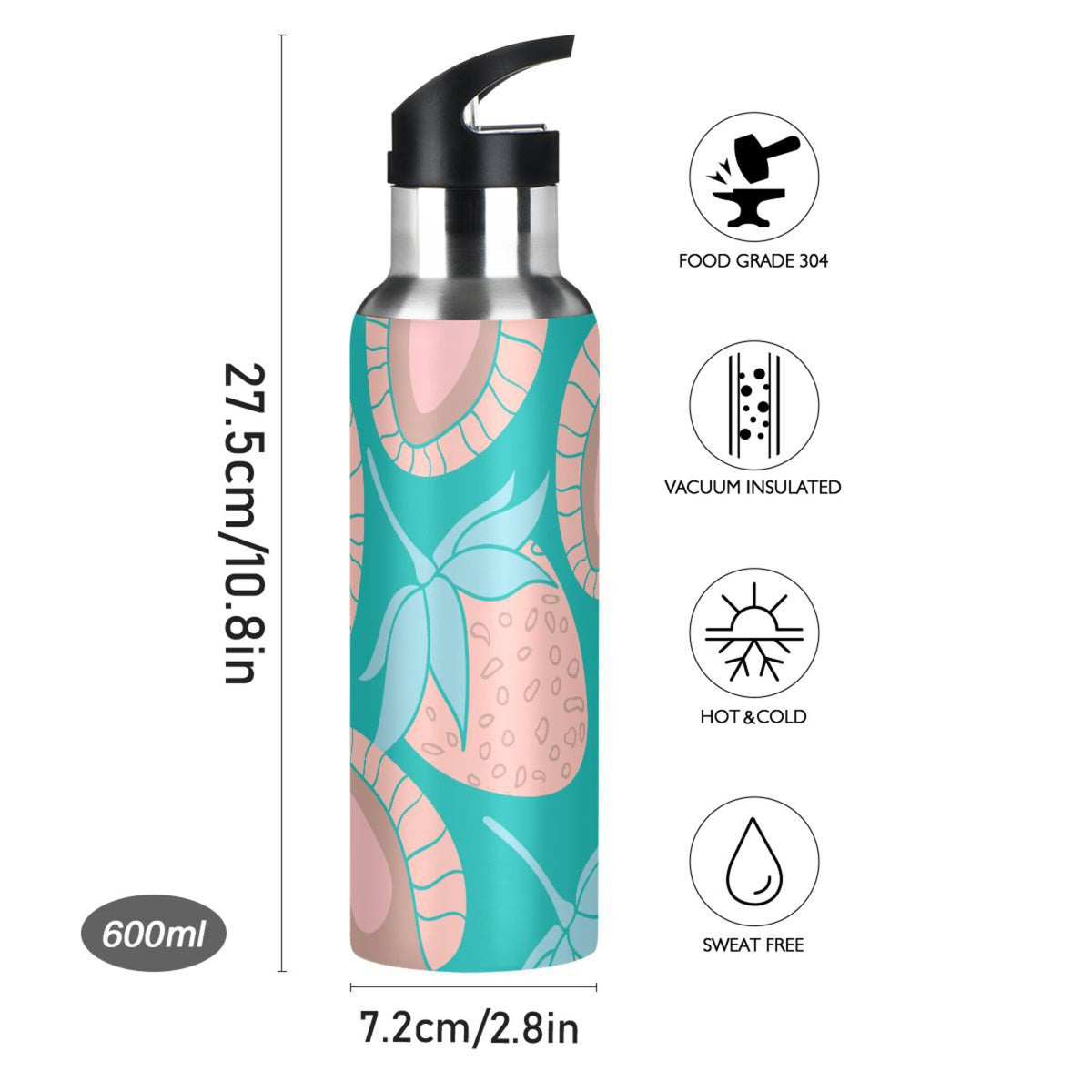 Strawberry Blue Stainless Steel Insulated Water Bottle with Straw Lid Z5076