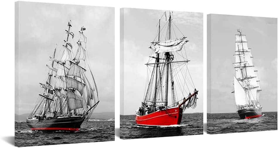 Red Sailing Ship Canvas Wall Art 12x16inch 3pcs G4415