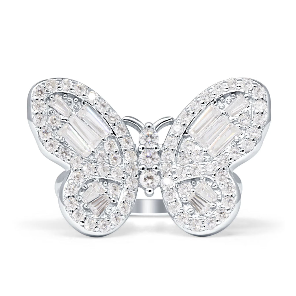 Cluster Butterfly Ring Baguette Cubic Zirconia White Tone 925 Sterling Silver C944622