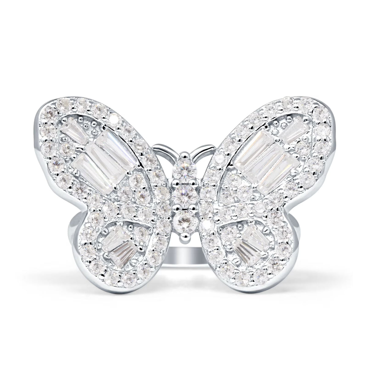 Cluster Butterfly Ring Baguette Cubic Zirconia White Tone 925 Sterling Silver C944622