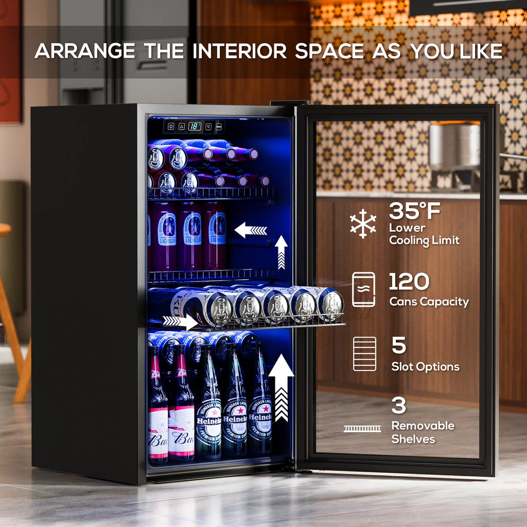 100 Can Beverage Refrigerator Cooler 2.47 Cu.ft Mini Fridge with Glass Door & Adjustable Shelves K403