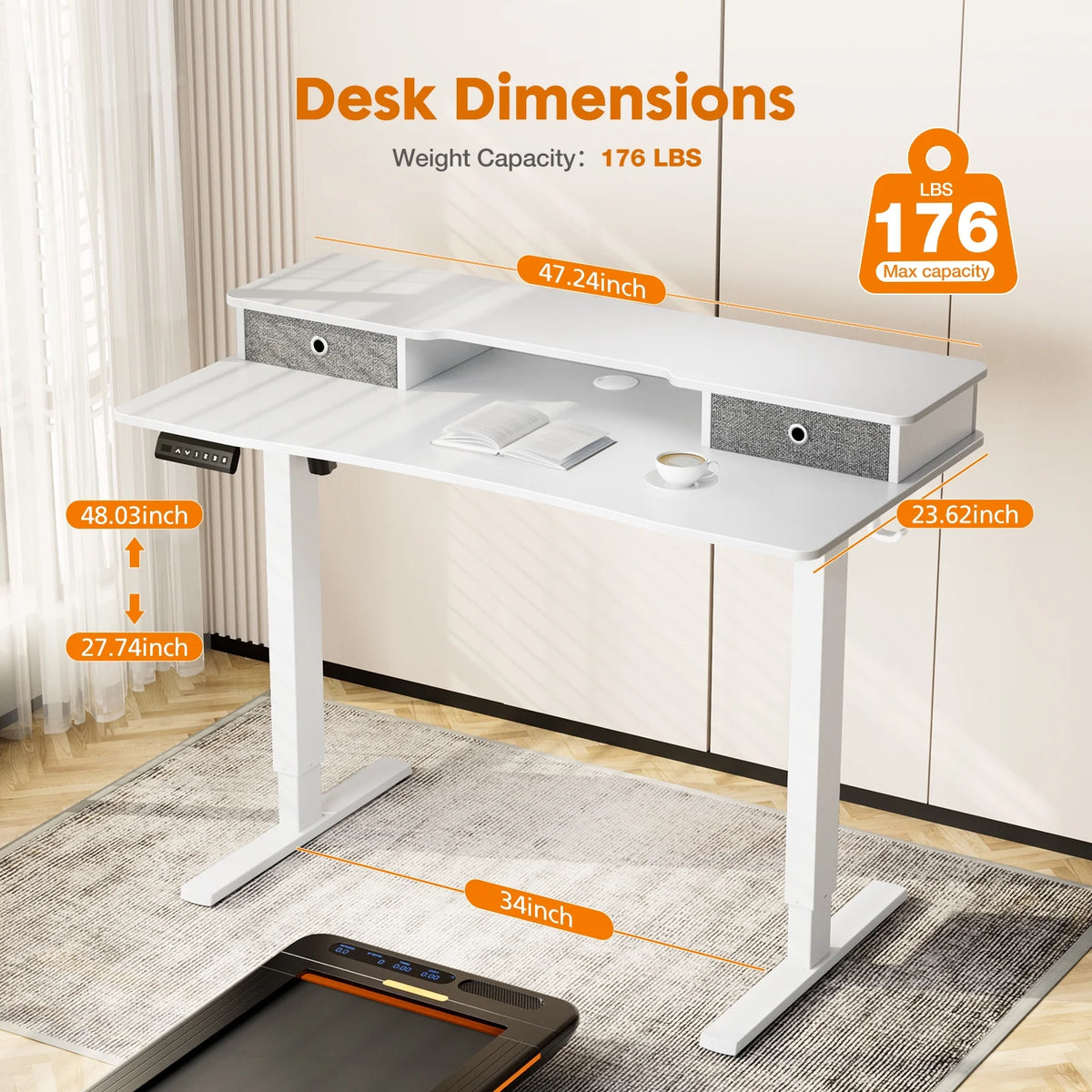 Height Adjustable Electric Standing Desk with Storage Shelf Double Drawer C28968