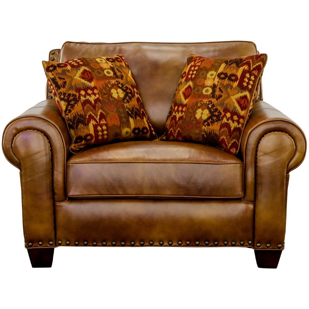 Camel Top-Grain Leather Accent Chair with Toss Pillows N3516