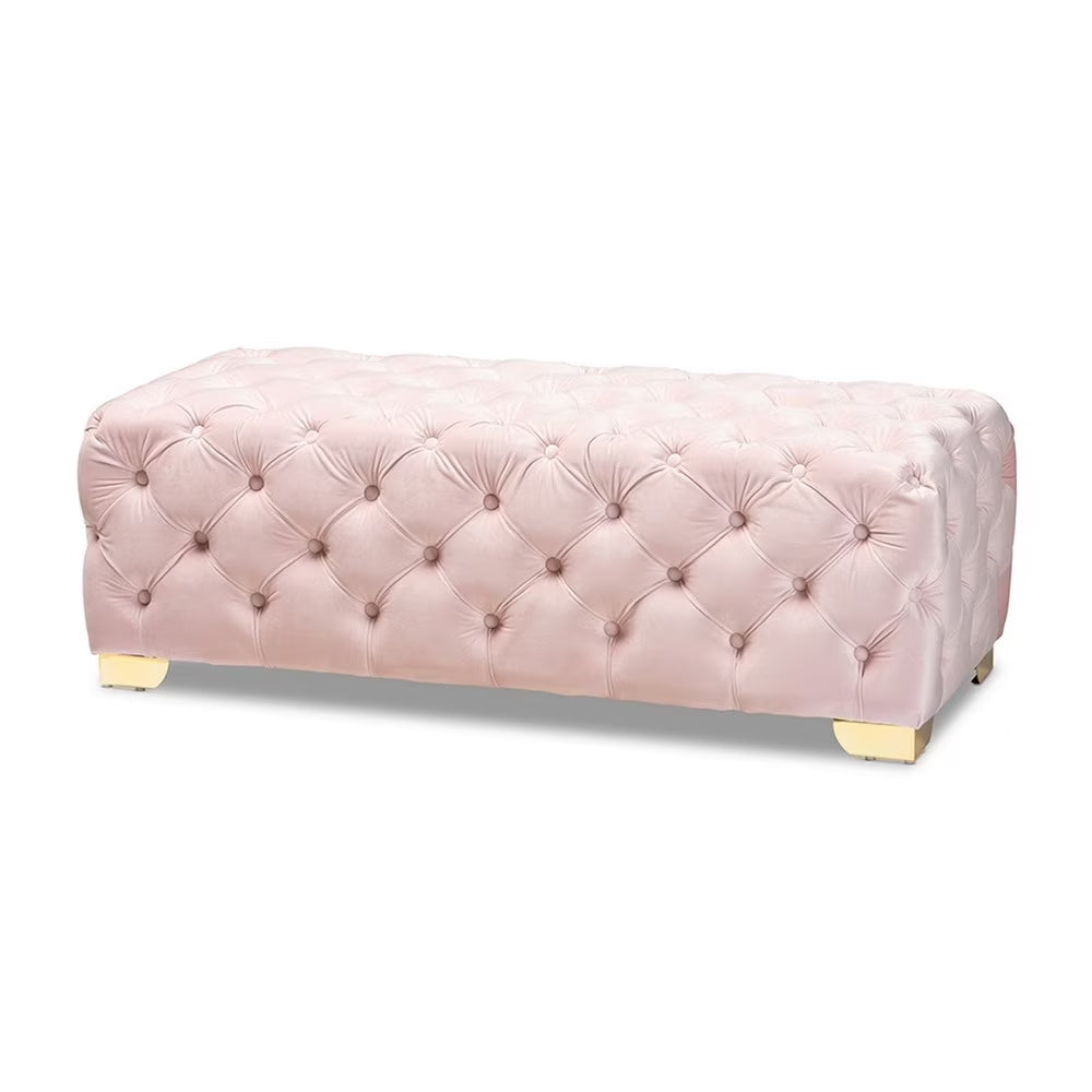 Light Pink Velvet Button Tufted Bench Ottoman I5646