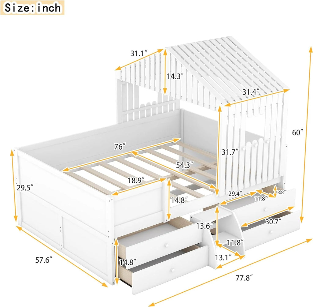 White Full Size Wood House Bed with 4 Drawers J30522