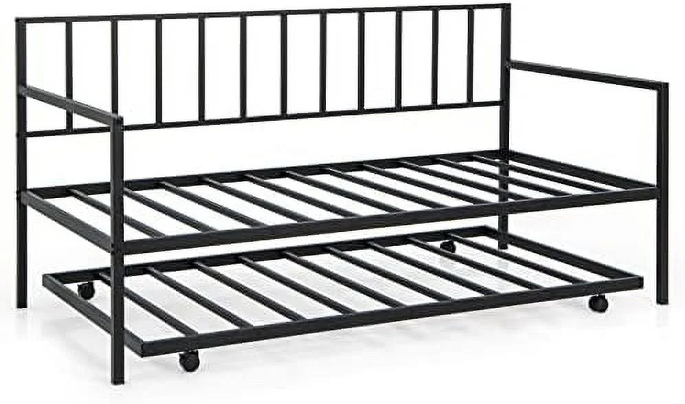 Black Metal Twin Daybed Frame with Slat Support and Guardrails V78787