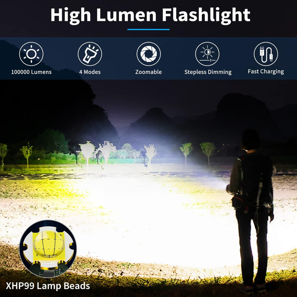 Rechargeable Tactical Flashlight, 100000 Lumens, Waterproof, Zoomable I109805