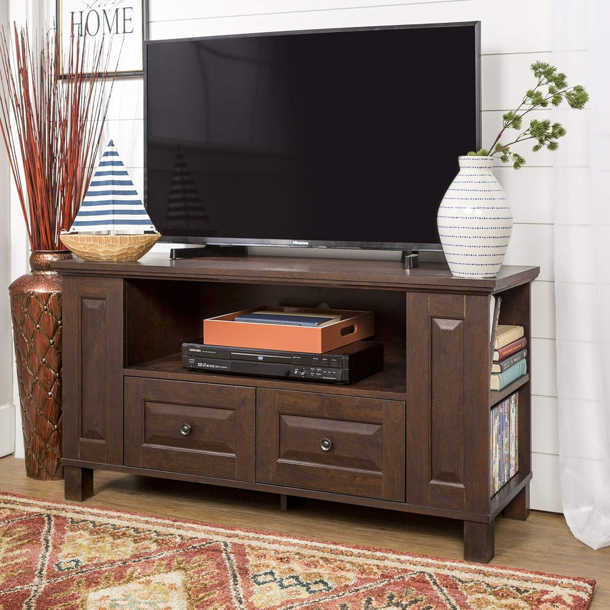 44 Inch Traditional Brown Wood TV Stand with Storage Cabinets J3456