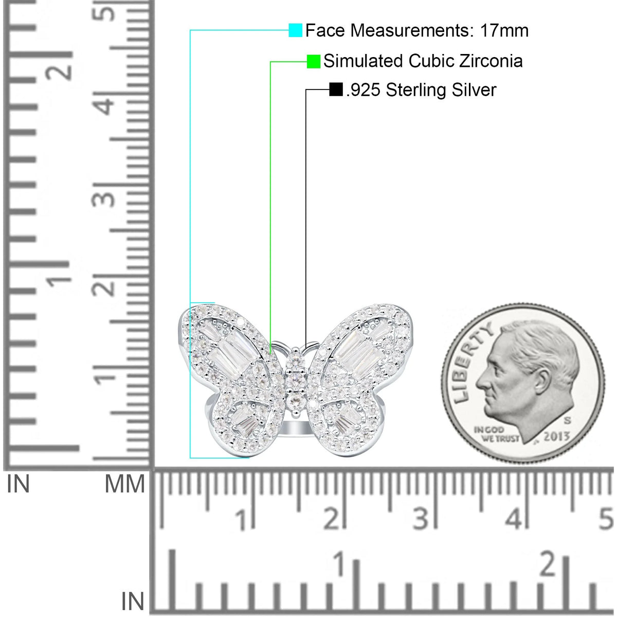 Cluster Butterfly Ring Baguette Cubic Zirconia White Tone 925 Sterling Silver C944622