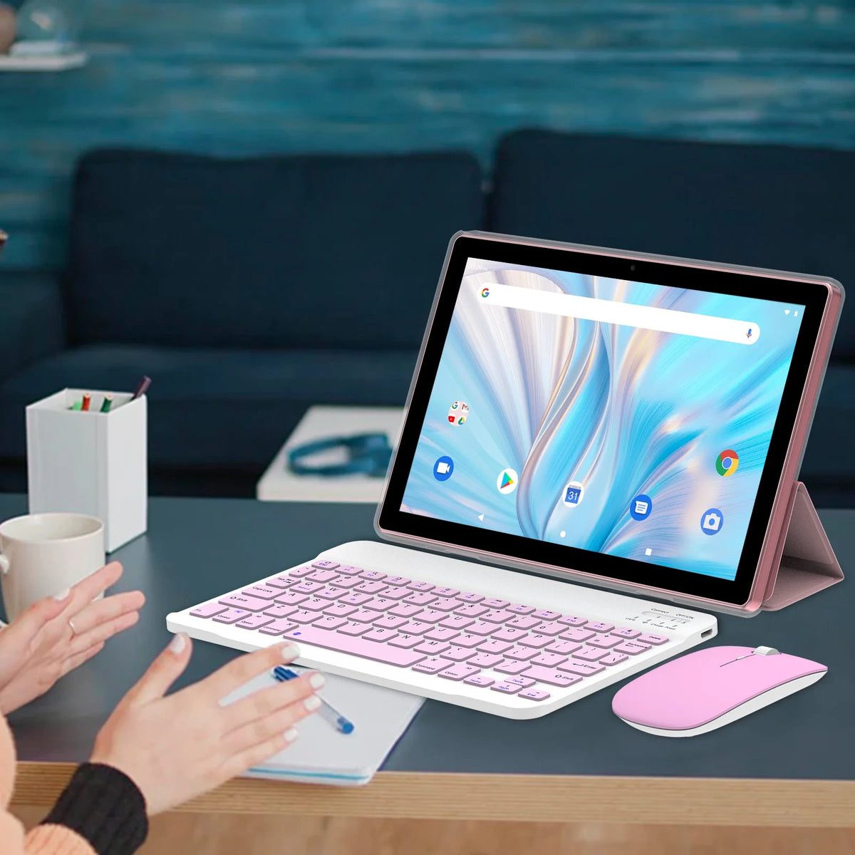 Pink 10.1 inch Tablet with Keyboard Case Mouse Stylus Pen Film, 4GB RAM 64GB ROM L2020