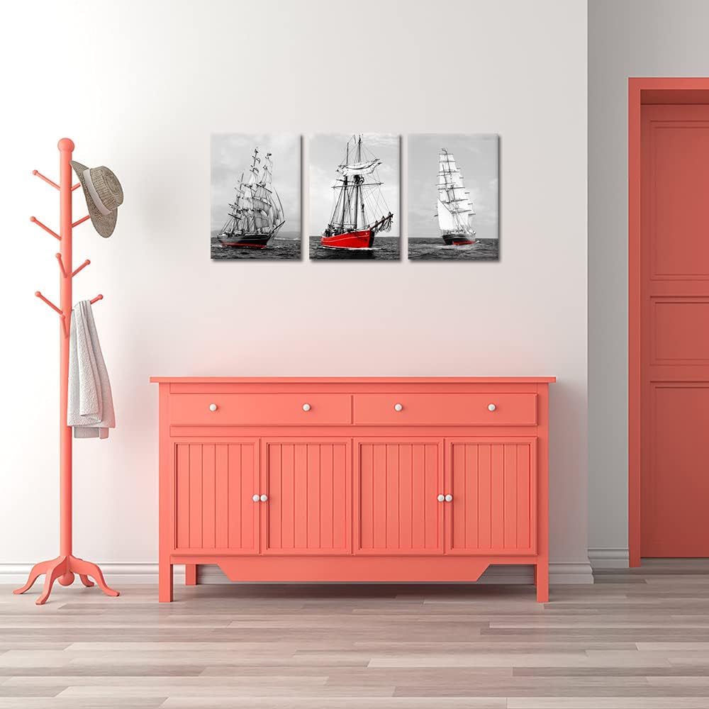 Red Sailing Ship Canvas Wall Art 12x16inch 3pcs G4415