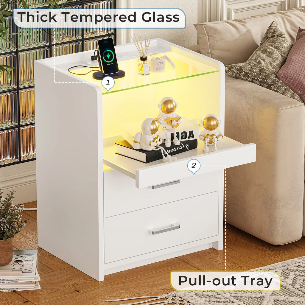 White LED Nightstand with 2 Drawers and Pull-Out Shelf K84338